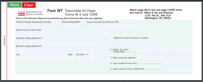 District of Columbia Transmittal Form WT